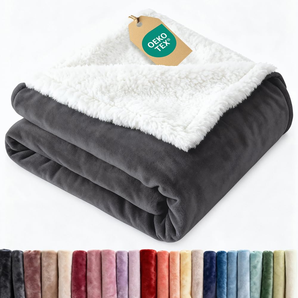 Reversible Sherpa Fleece Throw Blanket for Bed and Sofa