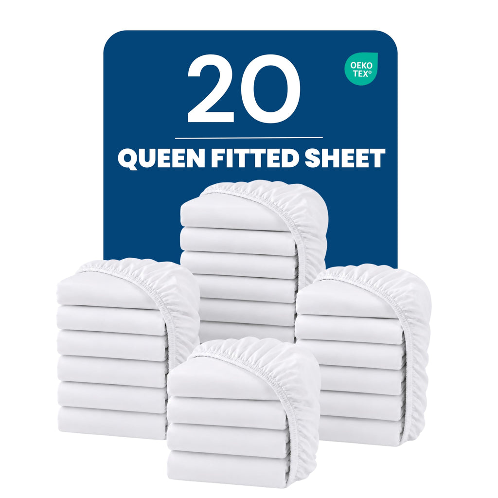 Bulk 20-Pack Queen Hotel Fitted Bed Sheets in White