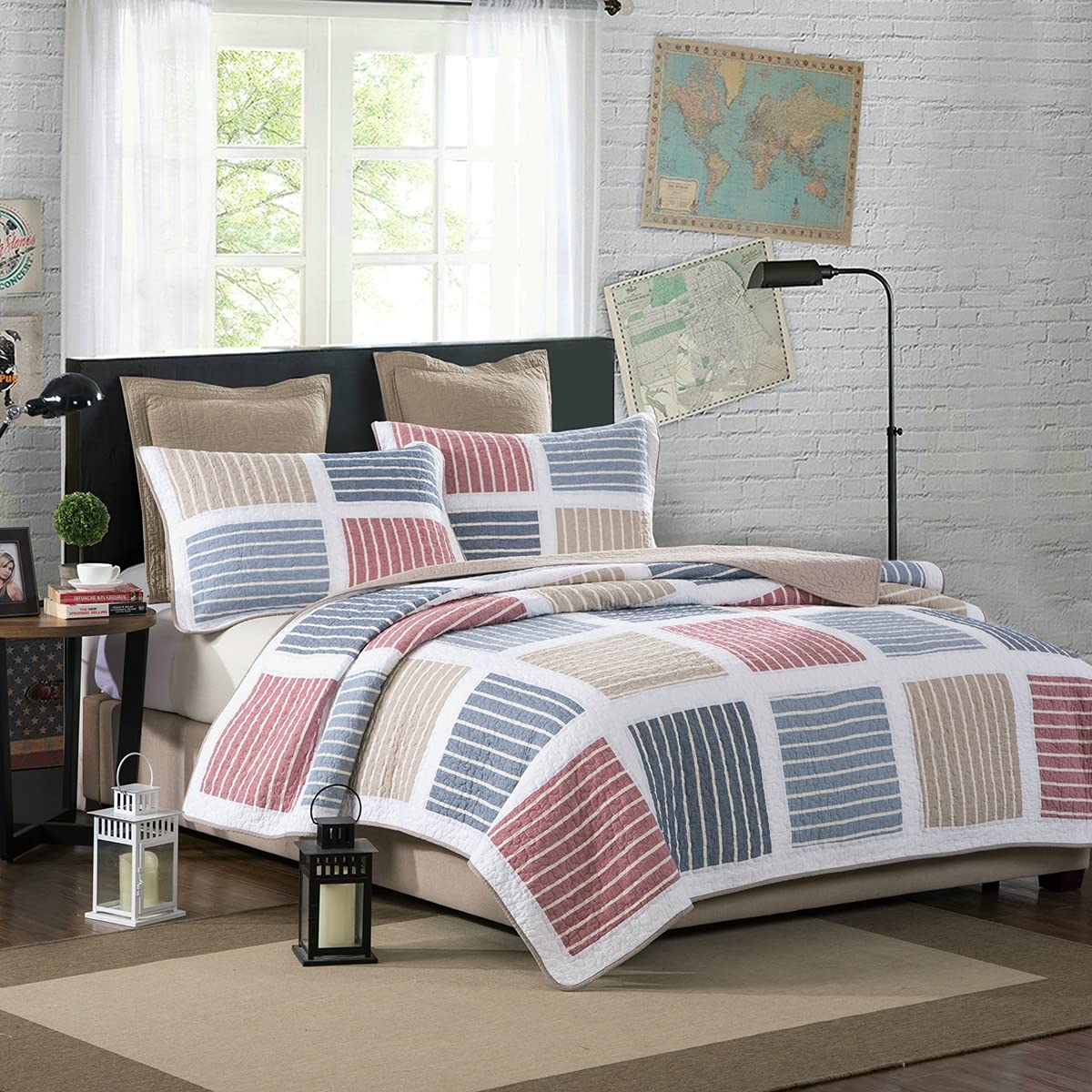 3-Piece Reversible Cotton Patchwork Quilt & Coverlet Set