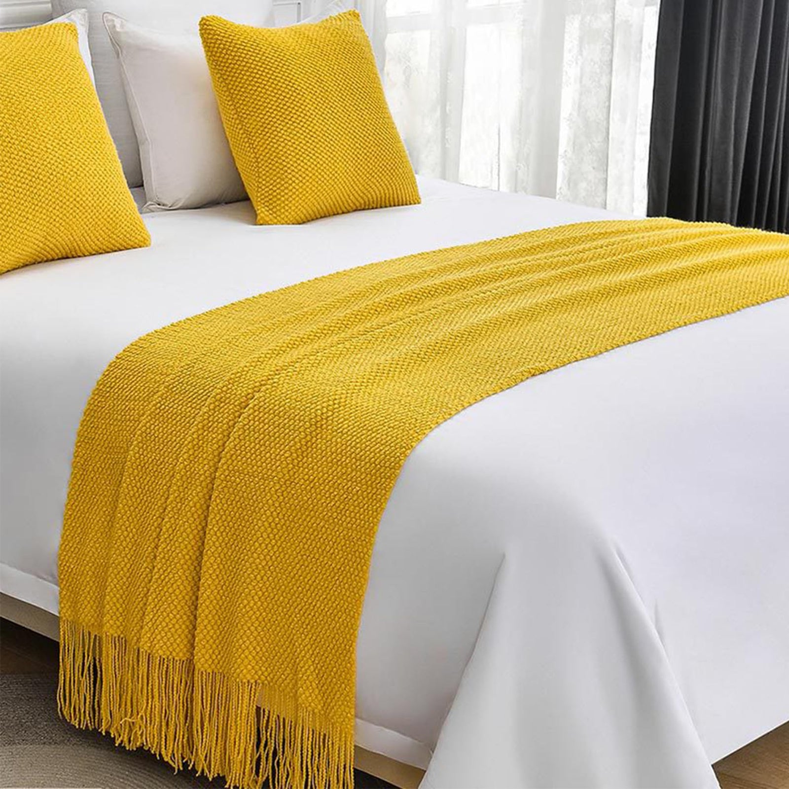 Boho Knit Tassel Bed Runner Scarf for King Size Bed