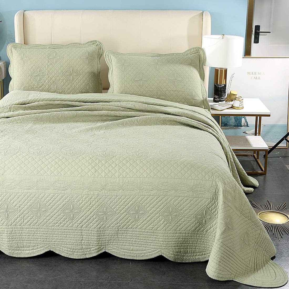 3-Piece 100% Cotton Embroidered Full/Queen Quilt Set