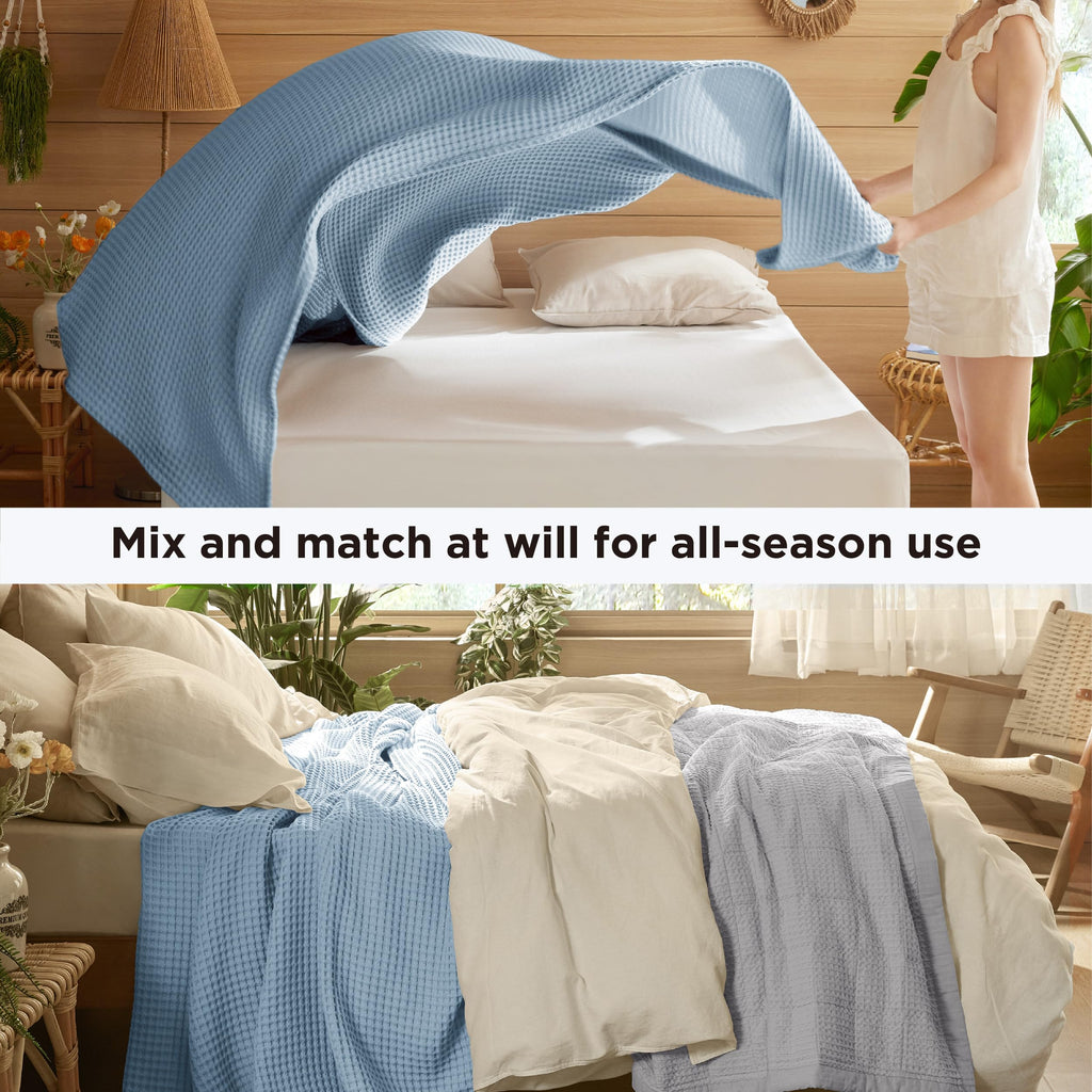 Lightweight 100% Cotton Waffle Blanket for Bed and Couch