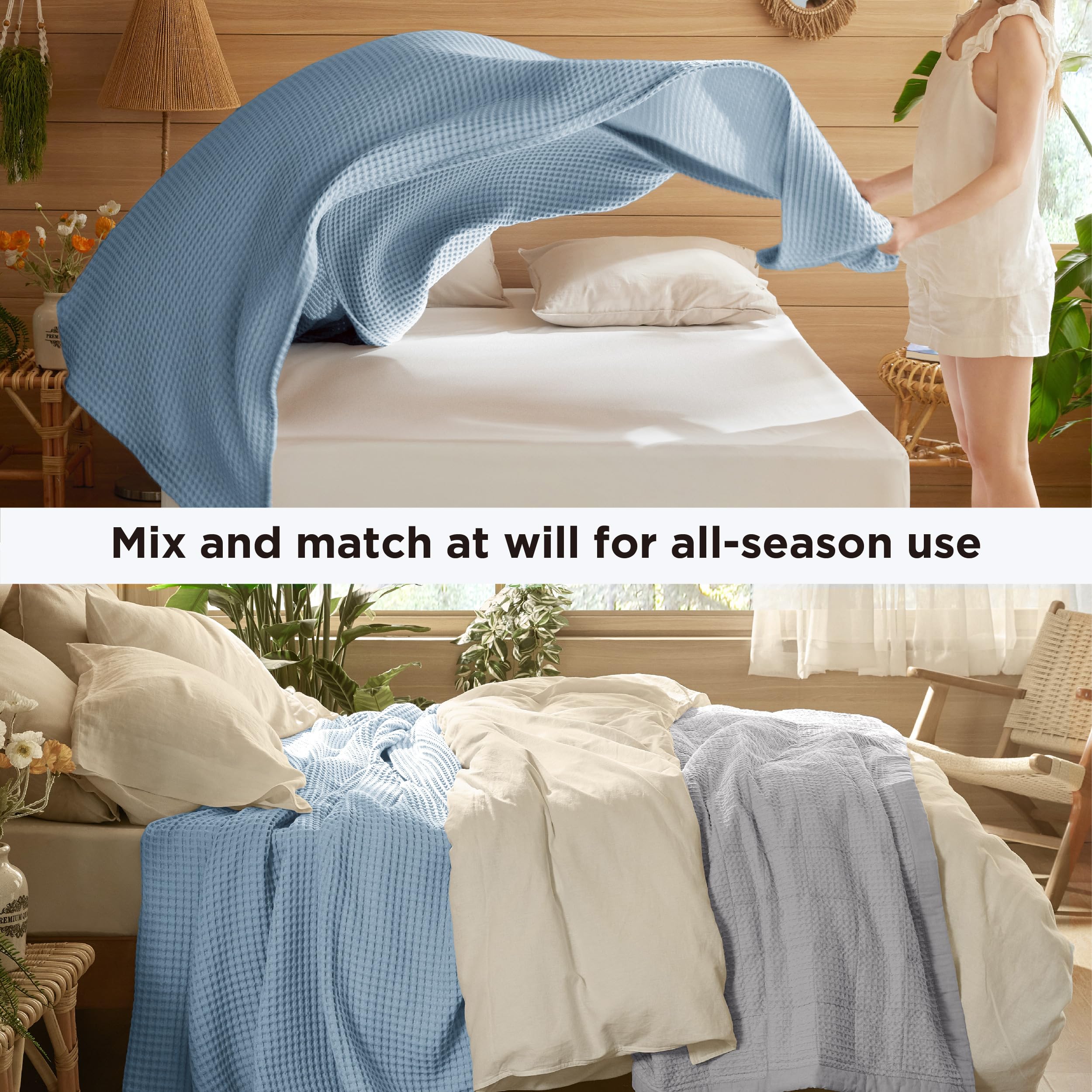 Lightweight 100% Cotton Waffle Blanket for Bed and Couch